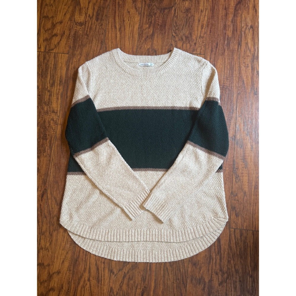 Pink Clover Womens XL Colorblock Crewneck Sweater Beige‎ Green Stripe High